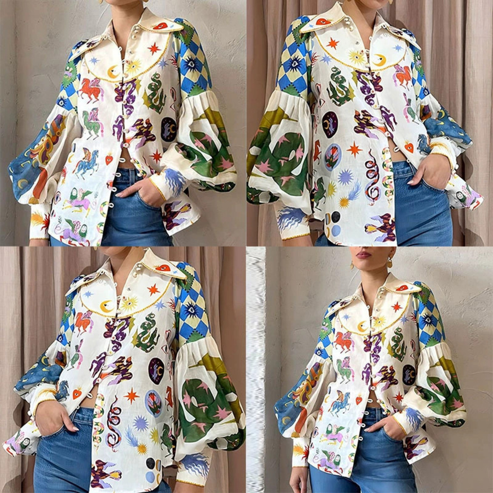 ZARA Summer Commuter Print Lapel Single Breasted Blouse for Women